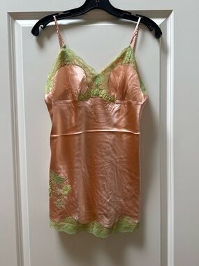 Gold Hawk 100% Silk Peach Camisole with Sage Green Lace & Floral Embroidery